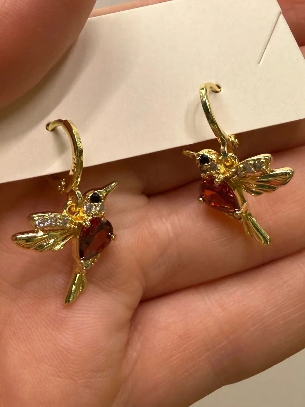 18k GP Hummingbird Earrings with Amber CZ Stones